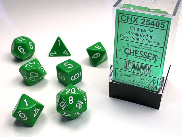 Set de 7 dés Polyhédraux opaque Vert et Blanc - Chessex