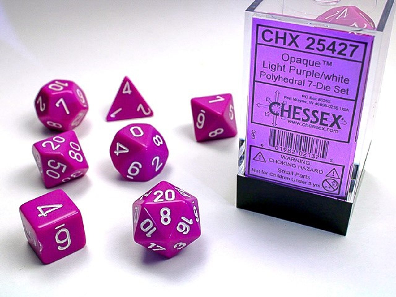 Set de 7 dés Polyhédraux opaque Violet clair et Blanc - Chessex